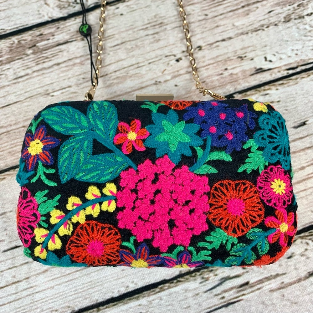 Sam Edelman Embroidered Frame Clutch Purse Bag Floral Gold Chain Wallet Small